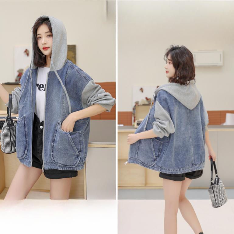 Hooded Denim Jacket Women's Spring and Autumn Stitching Loose Large Size Short Zipper Small Spring Top