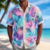Men's Neon Print Short Sleeve Shirt, Casual Hawaiian Button Down Top, White Base with Pink Blue Accents for Spring & Summer