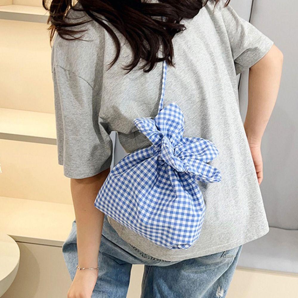 Cute Plaid Flower Crossbody Bag Portable Ins Shoulder Bag Casual Flower Drawstring Bag  Travel