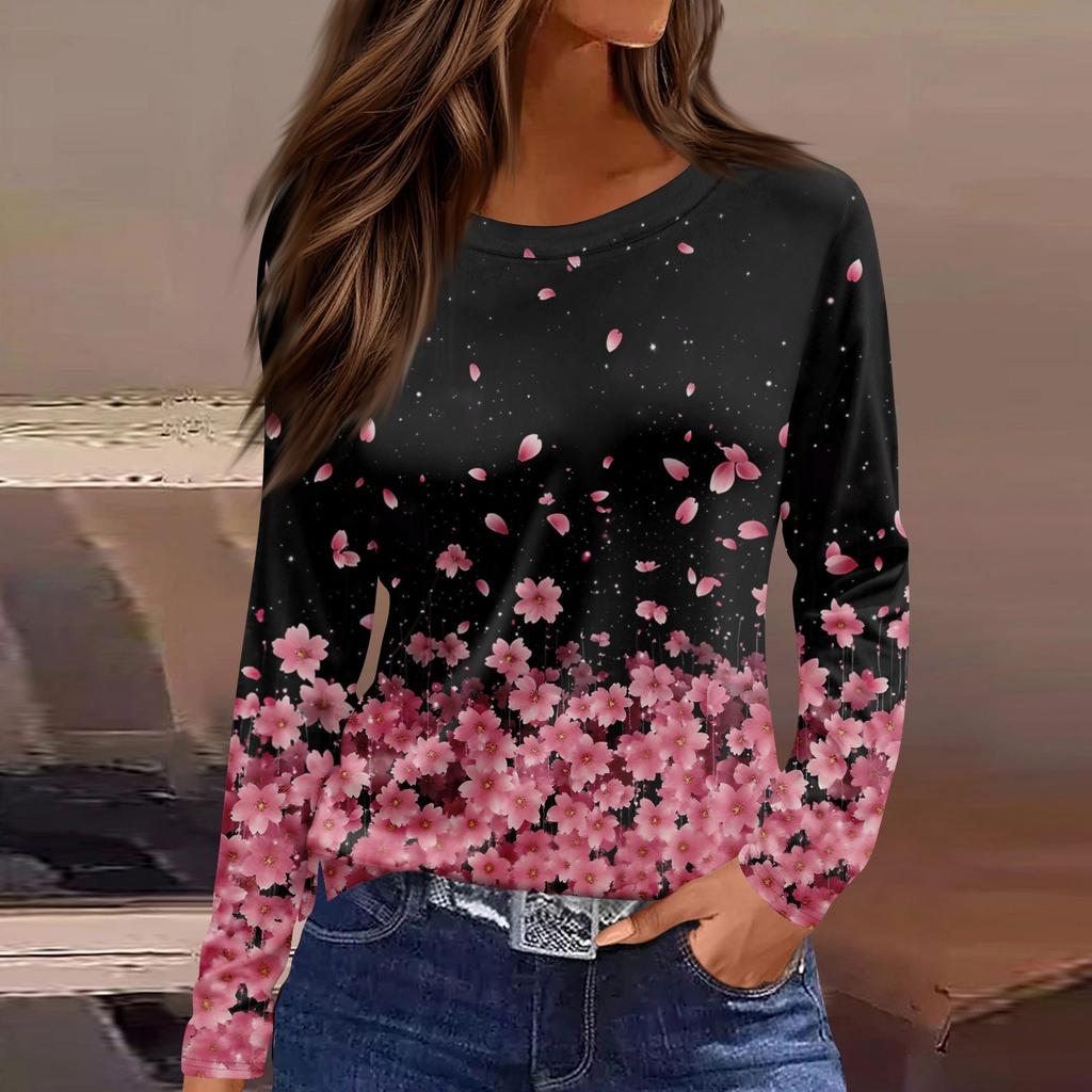 Dámský denní ležérní top s dlouhým rukávem a potiskem s kulatým výstřihem