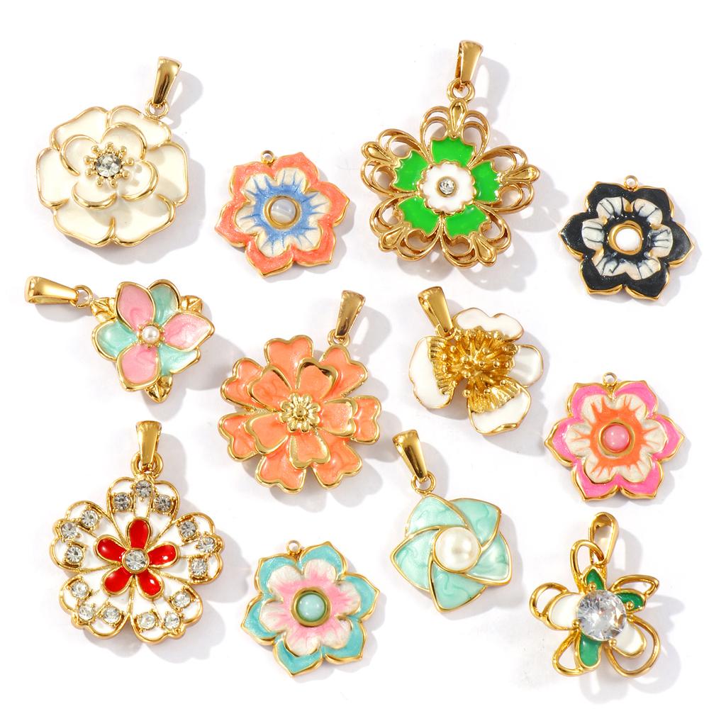 2 PCs Waterproof 304 Stainless Steel & Rhinestone Flora Charms 18K Gold Plated Enamel Flower Pendants For DIY Necklace Making