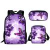 Hip Hop Youthful Purple Butterfly Moon 3D Print 3pcs/Set Student Travel bags Laptop Daypack Backpack Shoulder Bag Pencil Case
