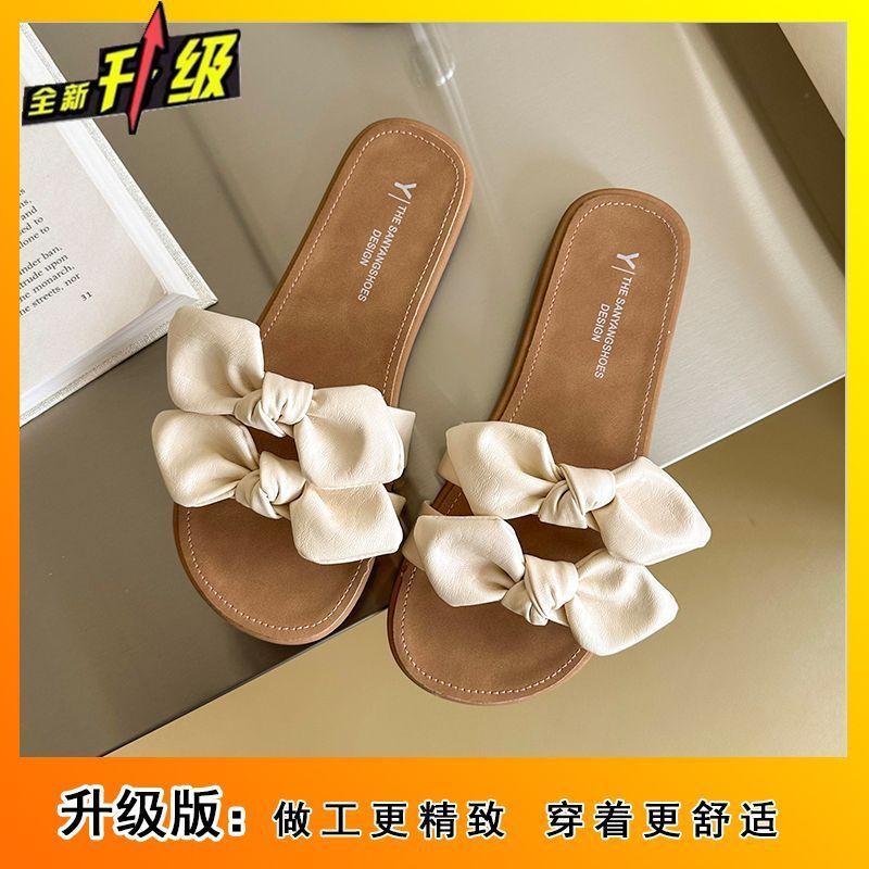 Versatile fairy with skirt beautiful one-word sandals 2025 new soft bottom bow slippers women's summer wear
