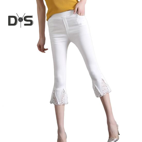 Dámské zkrácené kalhoty, jednobarevné, vysoce elastické, letní, rozšířené kalhoty, krajkové prošívání, těsné legíny s kapsami