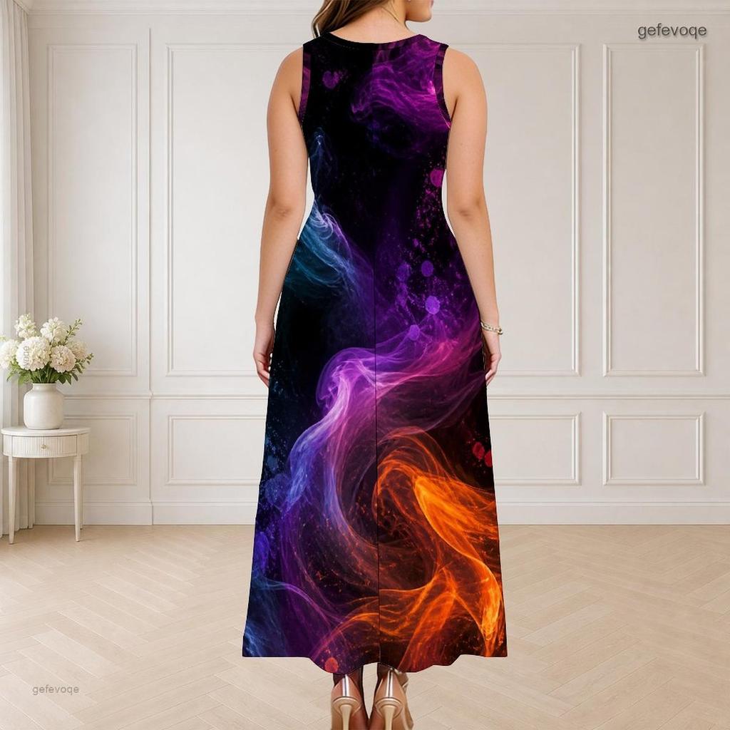 Women Plus Size Round Neck Triple Keyhole Cutout Sleeveless Galaxy Print Long Maxi Dress