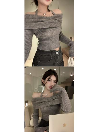 Korean-Style Spicy Off-Shoulder Halter Neck Knit Top for Women: Slim Fit, Long Sleeve, Autumn & Winter Collection