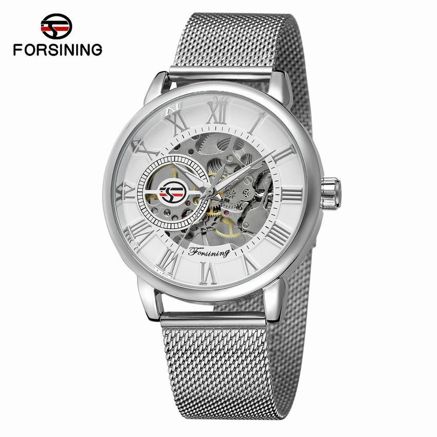Forsining Watch Men's Fashion Leisure Roman Numerals Digital Mesh Belt Hollow Out Mechanical Watch