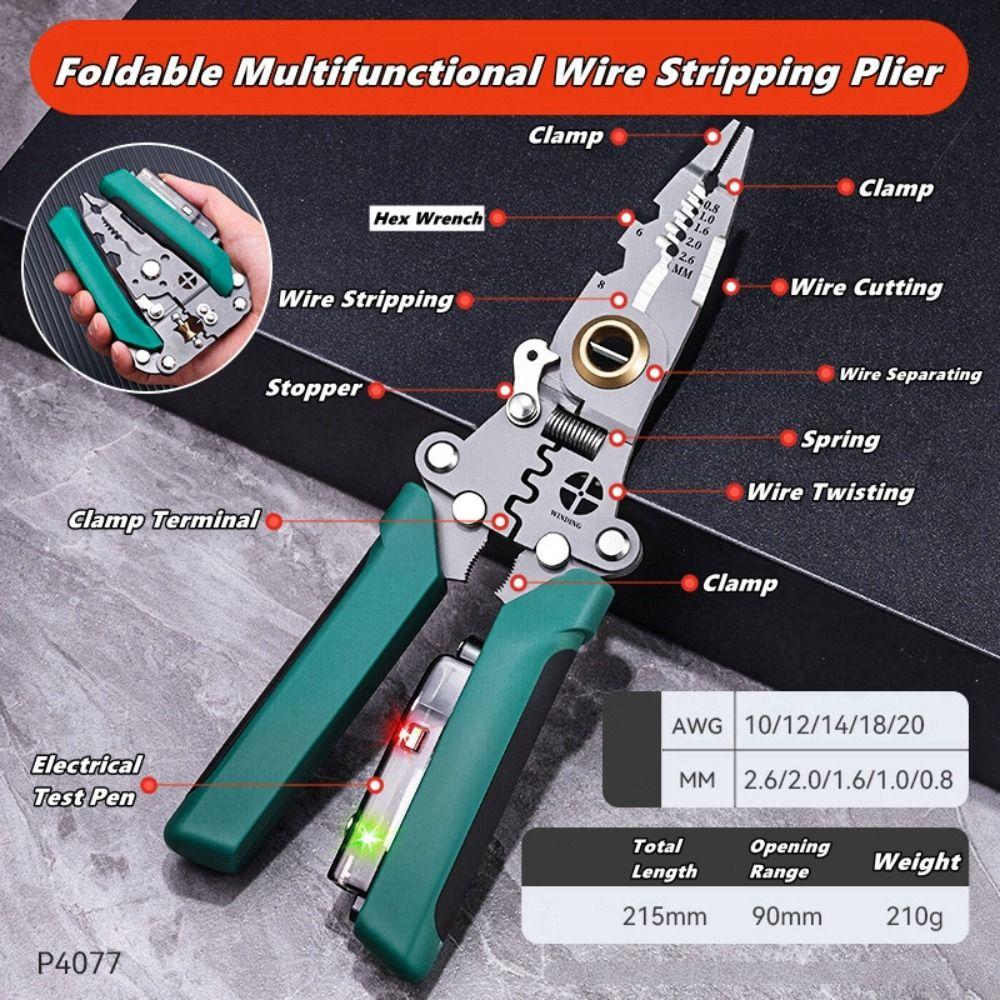 Folding Pliers Multifunctional Wire Stripper Foldable Folding Cable Cutter Measuring Anti-slip Electrical Test Pen Cable Cutting