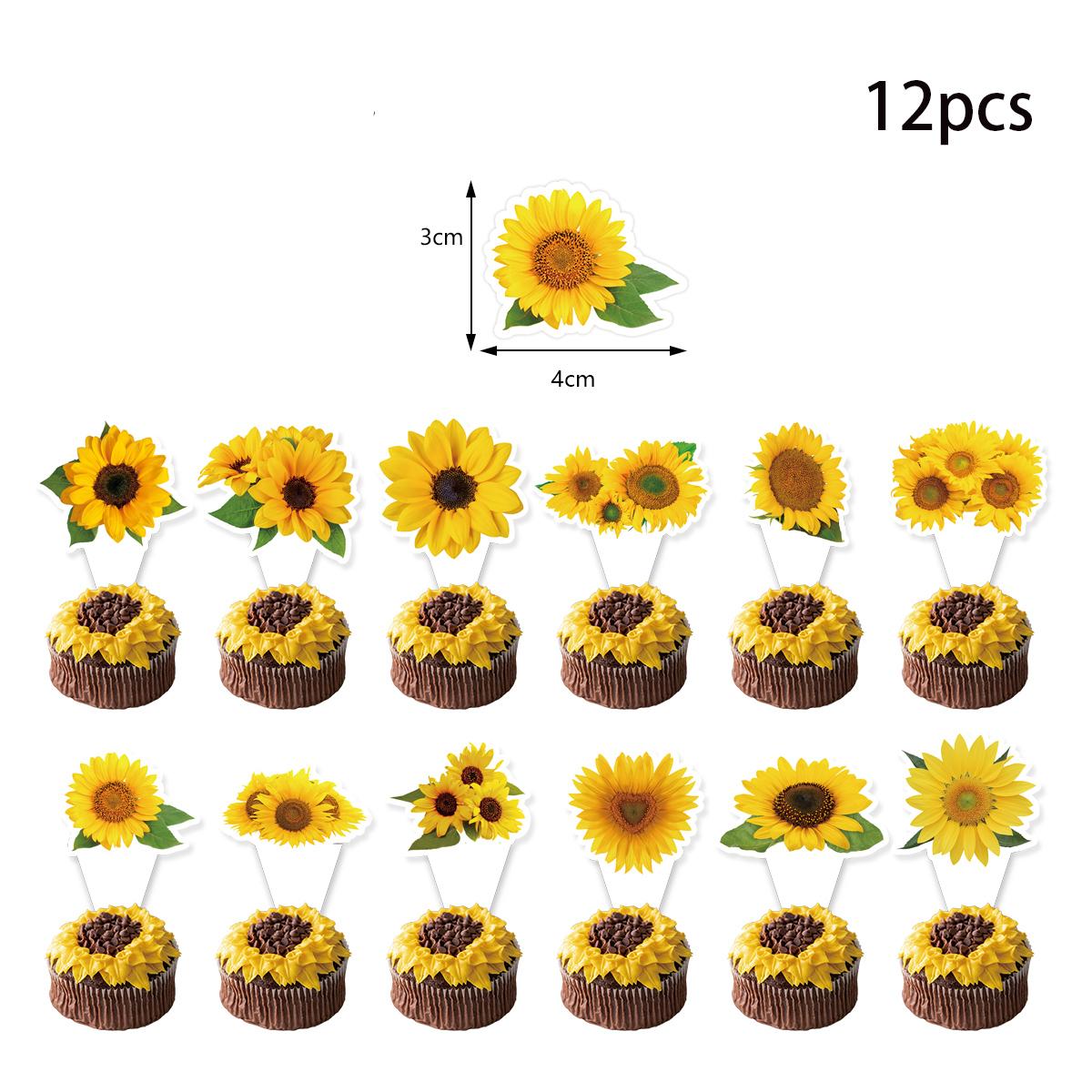 

12/24pcs Vibrant Sunflower paper Cupcake Toppers For Sunflower Birthday Party Decorations girl wedding baby shower Supplies 12pcs