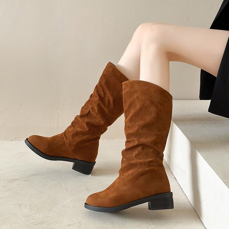 Boots Women 2025 New Fleece Inner Height Increase Medium Boots Knight Boots Frosted Sleeve Warm Student Red Boots