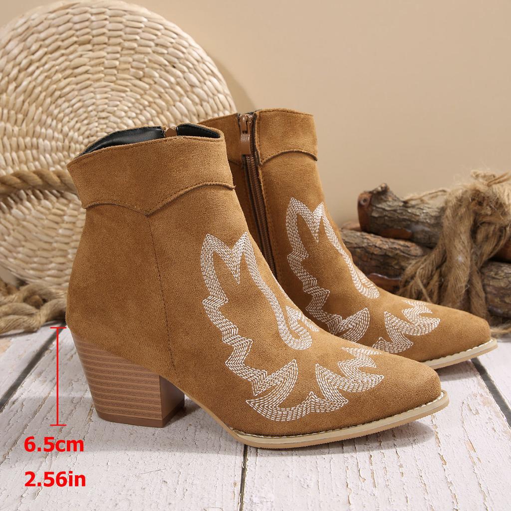 Westernstiefel für Damen Schnürstiefel Damen Dicke Absätze Spitzzehen Knöchelstiefel PU Schlanke Kurze Stiefel Bestickte Botines Para Mujeres