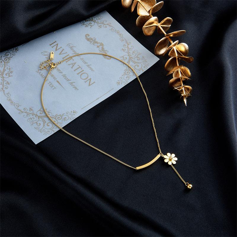 Gold Plated Daisy Flower Lariat Necklace, Stainless Steel Adjustable Ball Pendant Choker, Waterproof Dainty Jewelry for Women Gift
