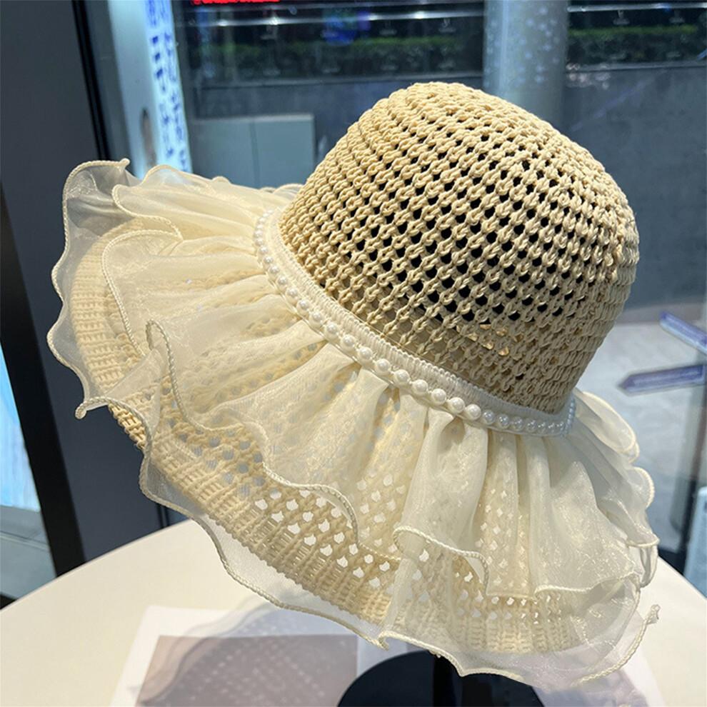 (One Size, Beige) Women's Woven Sun Hats Outdoor Fashionable Mesh Pearl Wide Brim Sun Protection Beach Hat