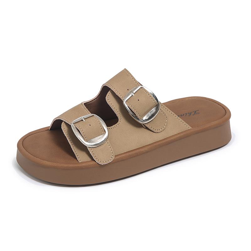 

Fashion Flat Platform Slippers Sandals Summer New Round Toe Metal Buckle Outside Wear Heightened Casual Non-slip One-word Beach 40 хаки