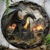 D Metal SignMedieval Dragon  Castle Round Metal Wall Art Scene  Decor Gothic Mythical Creature Plaque for Home Bar