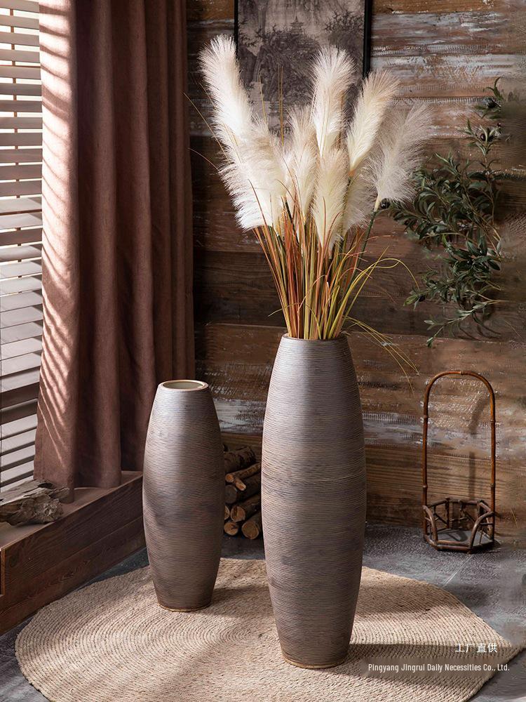 Floor-Standing Ceramic Vase In Retro Wabi-Sabi Style for Dried Flowers, Ideal for Hotel, Courtyard, and Homestay Décor.
