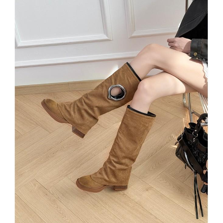 Star Meng Ziyi Has the Same Square Head Hole Design, Western Cowboy Boots, Women's Retro Versatile Thick-soled Thick-heeled Trouser Boots.