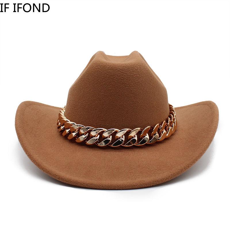 Vintage zachodni kapelusz kowbojski z grubym złotym łańcuszkiem zakrzywiony okap Cowgirl czapka jazzowa kobiety filcowe kapelusze Fedoras