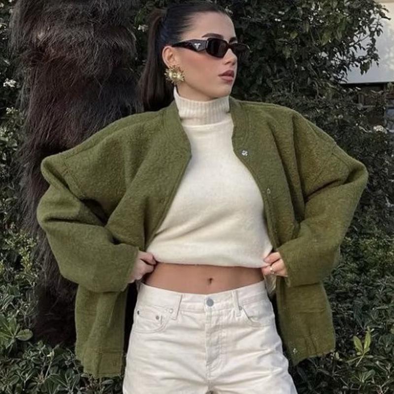 2023 Módní minimalistický vlněný kabát s dlouhým rukávem a kapsami pro podzim a zimu