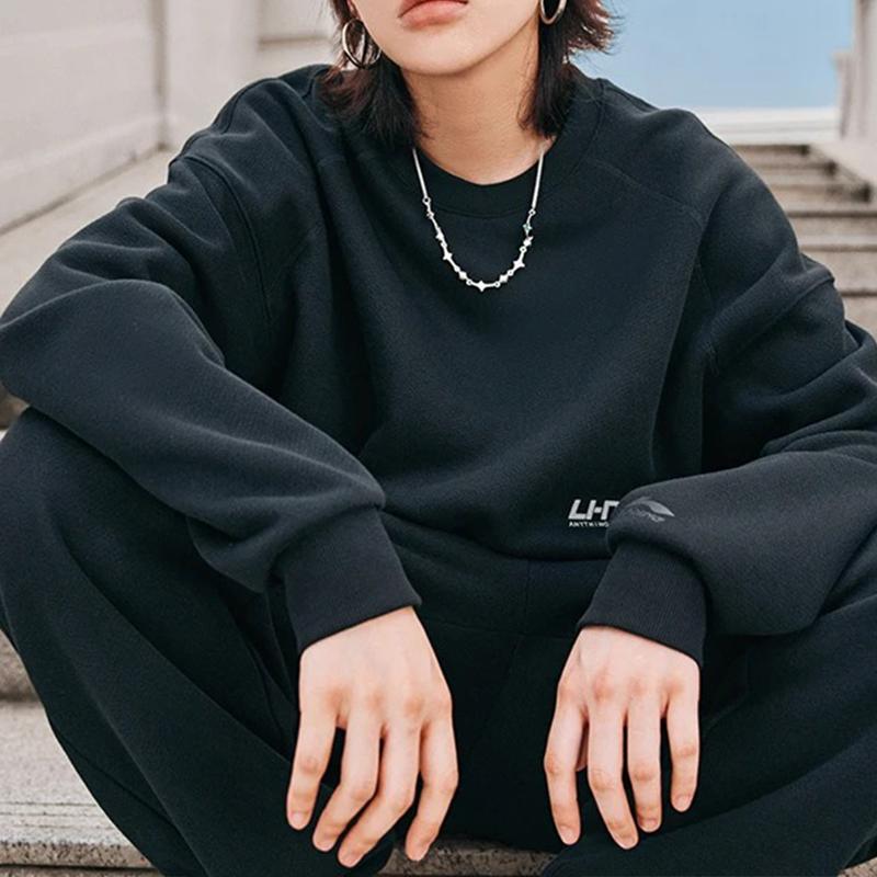 Li Ning Sports Lifestyle Series Letter Print Fleece Warm Reflective Pullover Crewneck Sweatshirt Unisex Sweatshirt Black AWDTB41-6