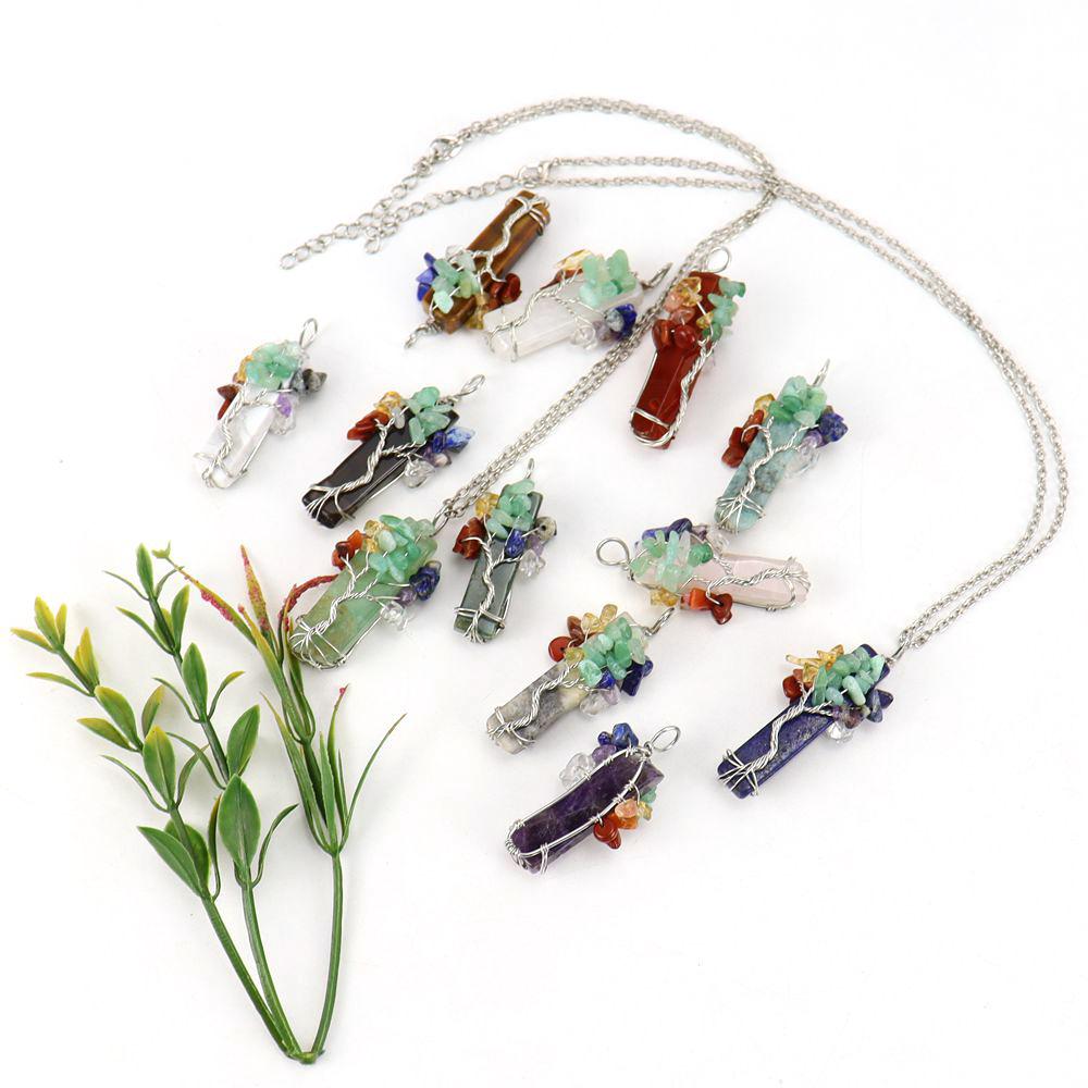 Natural Stone Irregular Crystal Strip Winding Gravel Tree Of Life Pendant Necklace N673