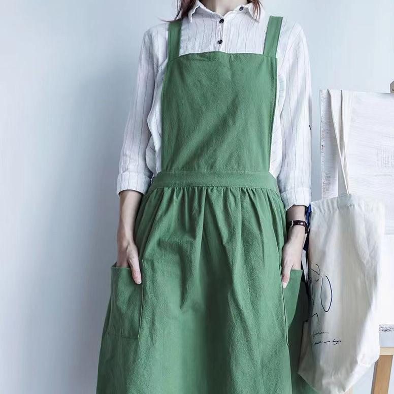 Floral Long-Sleeve Cotton Apron for Women - Japanese Style Cooking Cover-Up