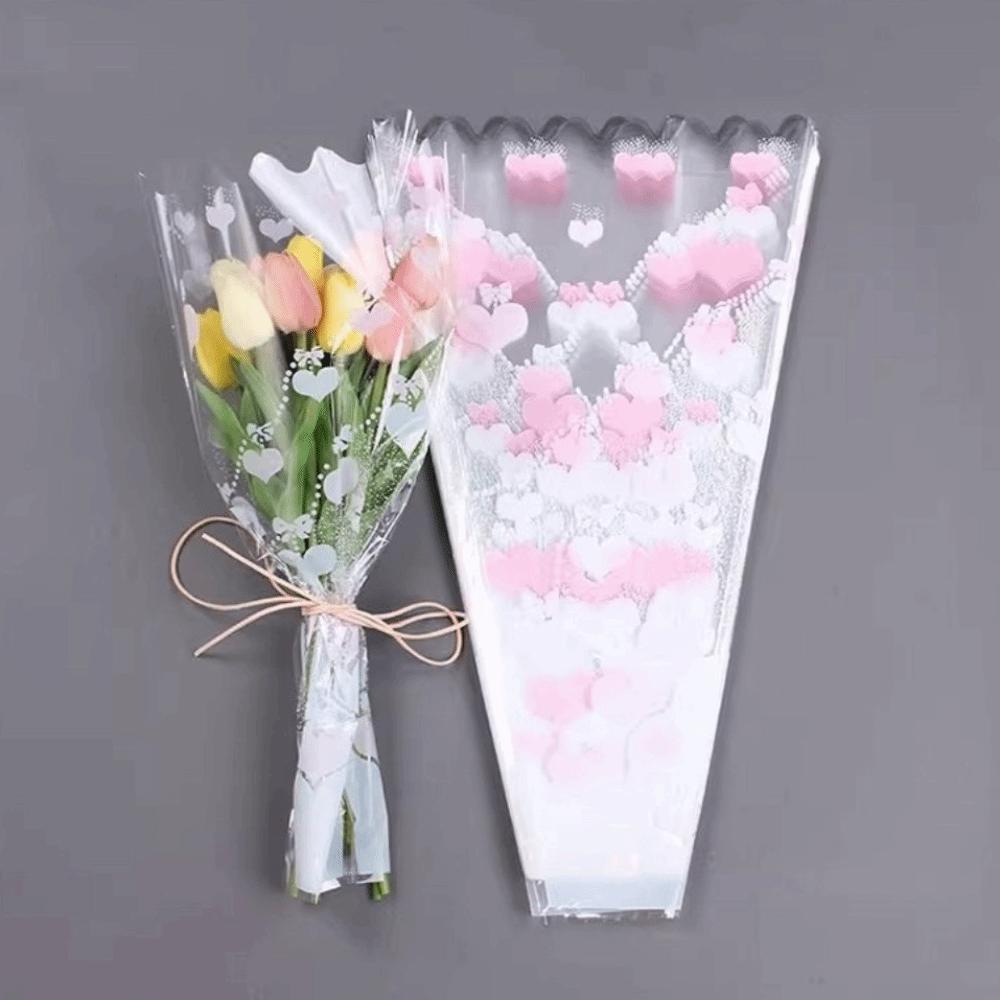 100 Pieces Heart-Shaped Rose Bouquet Bags Water Proof Transparent Plastic Flower Packaging Bags LOVE Theme Romantic