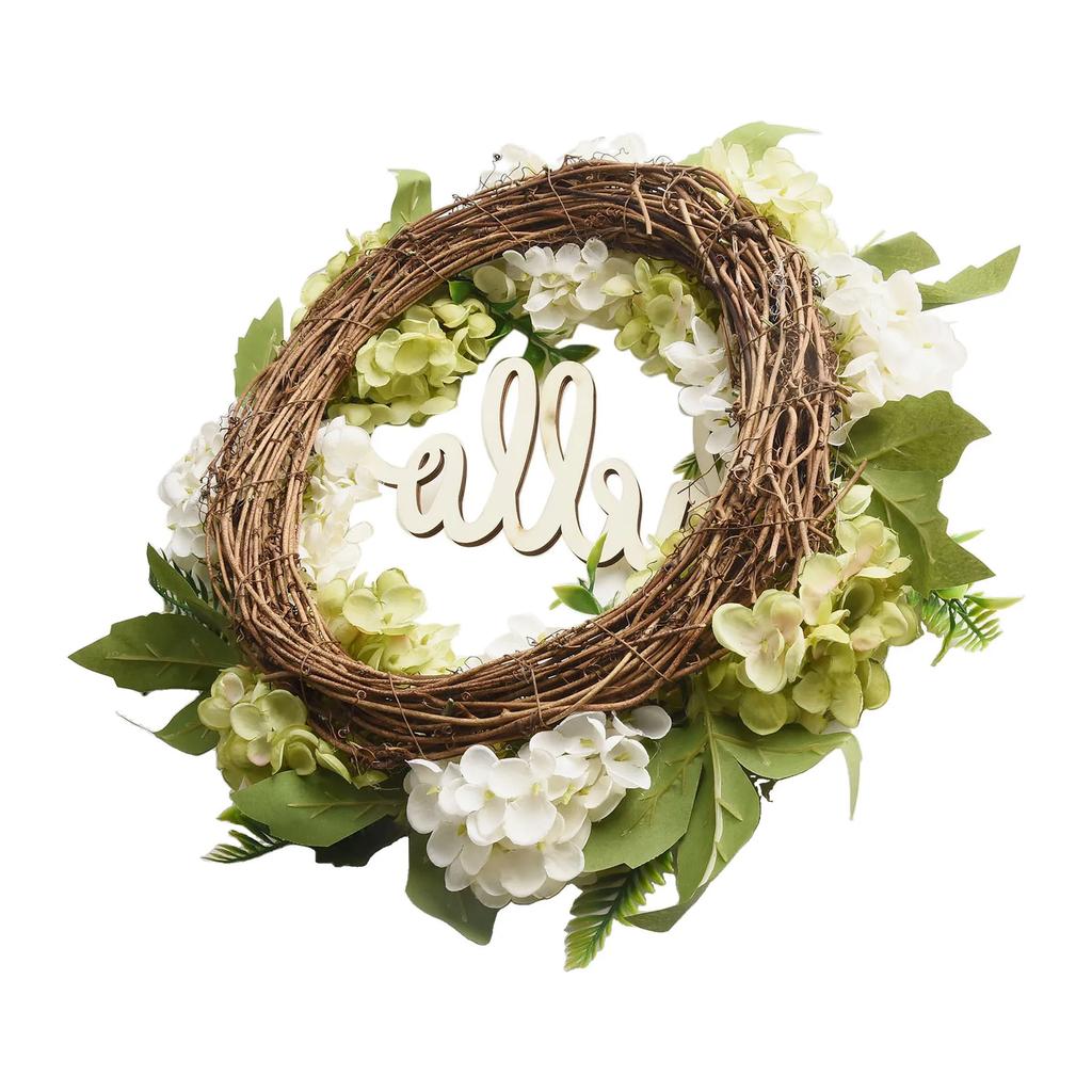 Artificial Hydrangea Wreath with Hello Sign for Indoor Outdoor Wall Door Decor 40cm Silk Flower Ring for Home and Party Setting
