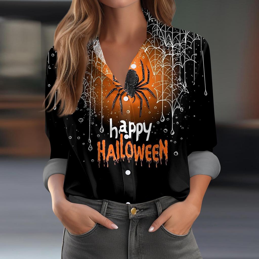 Women's Casual Long Sleeve Half Button Down Shirt with Halloween Print for Fall