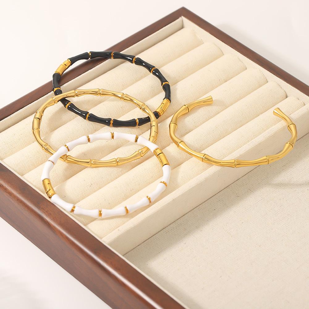 Edelstahl Bambus Armreif für Damen Goldfarben Tropfenöl Manschettenarmbänder