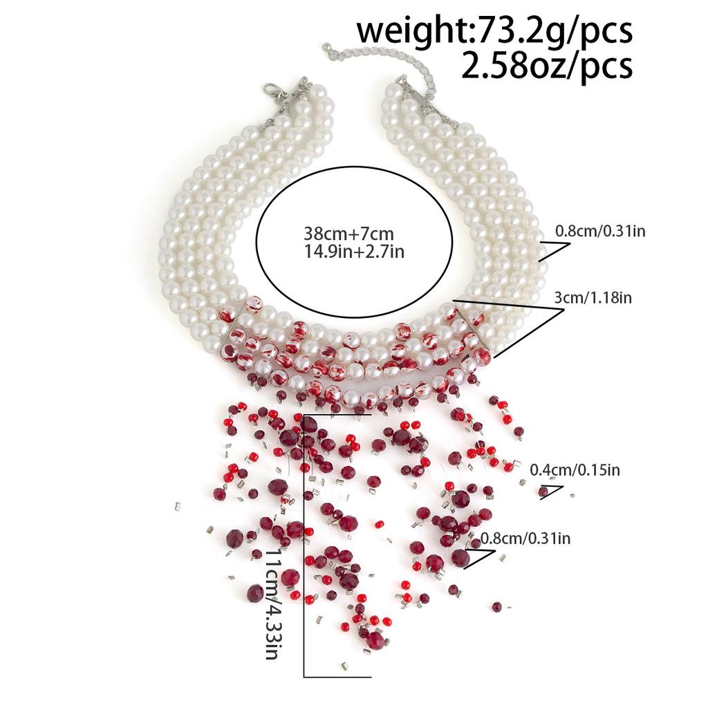 Goth Vintage Red Blood Imitation Pearl Chain Necklace for Women Long Tassel Crystal Beads Pendant Halloween Party Jewelry