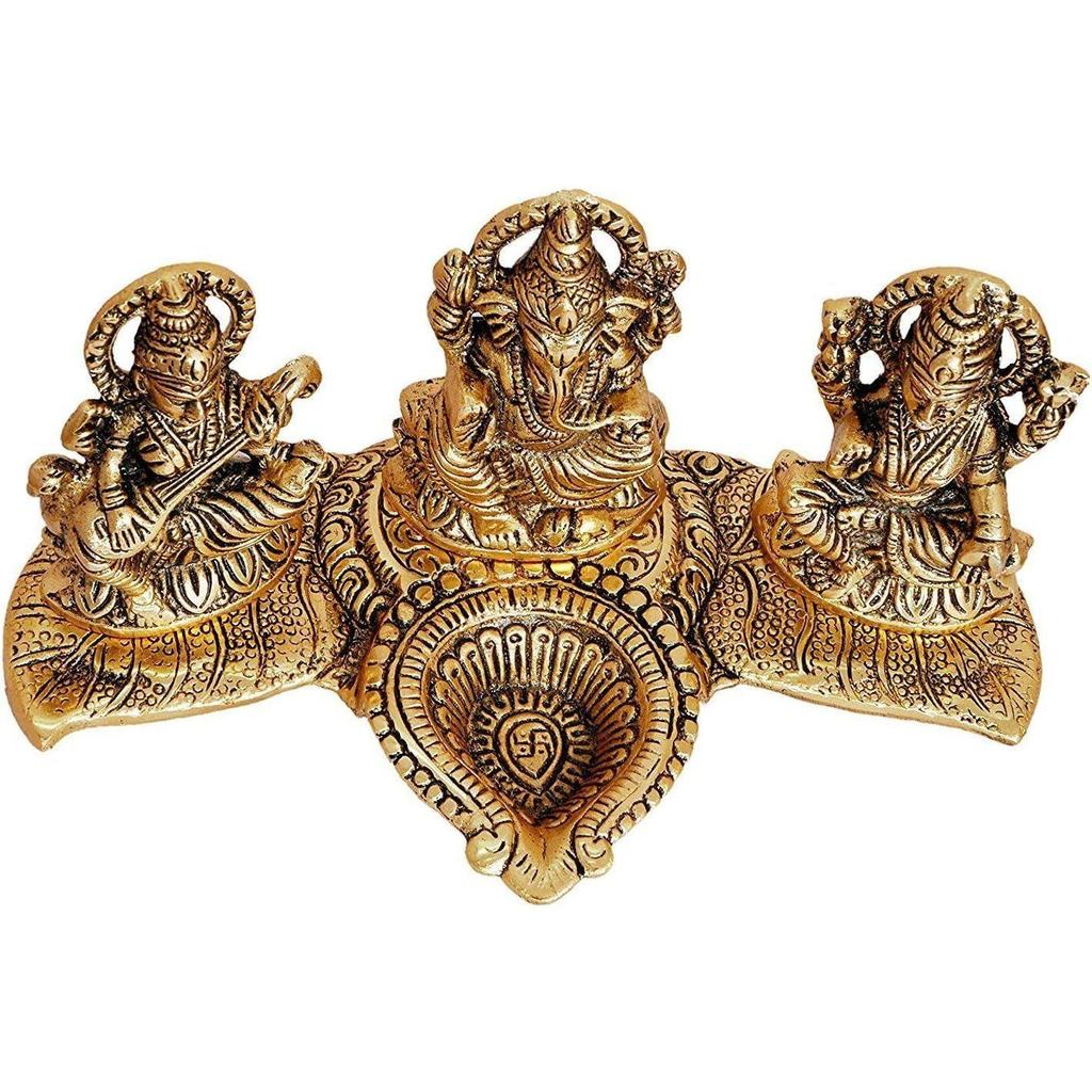 God Idols for Pooja | Metal Antique Ganesh laxmi Saraswati Sculpture Murti for Home Decor | Decorative Platter with Diya Ganpati