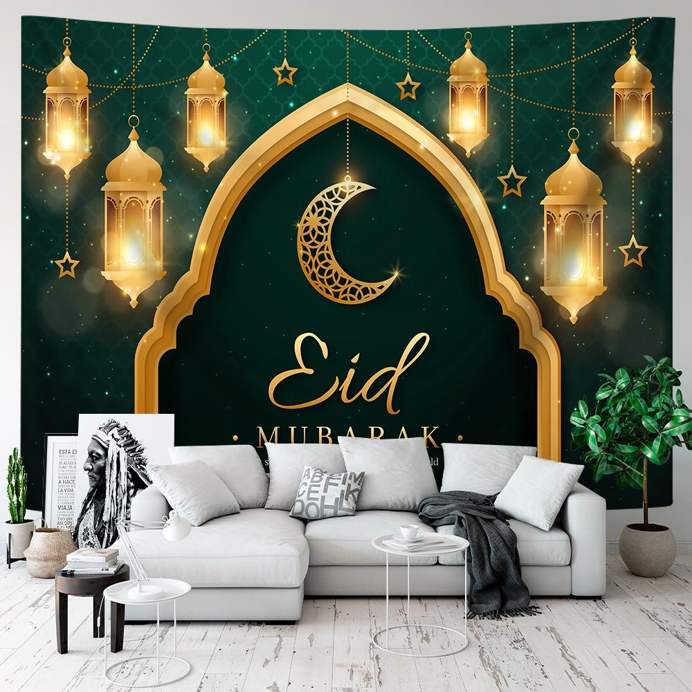 VIKAMA Green Gold Mosque Tapestry Ramadan Kareem Ramadan Wall Hanging Islamic Bedroom Decor Washable Art for Living Room