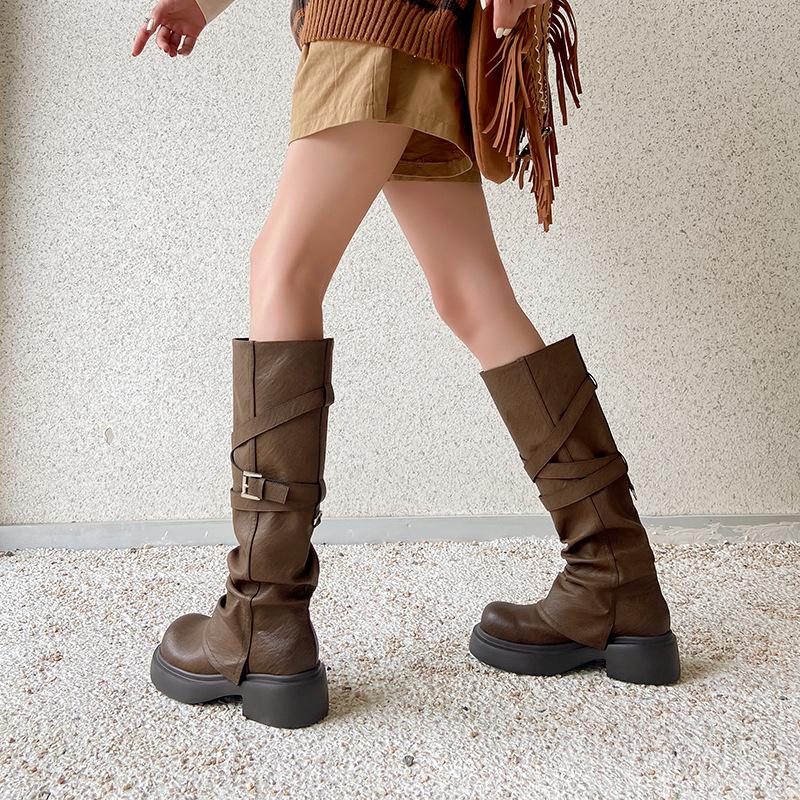 

Wasteland Wind Brown Maillard High Heel Platform Knight Boots Women s Long Boots Martin Boots Wrinkled Tall Pile Long Boots 35 темно-коричневого