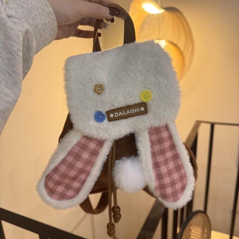 

Women s bag cute backpack plush rabbit ears drawstring backpack new sweet wind student leisure book коричневый