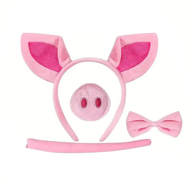 Halloween Cute Pink Pig Costume Headband Set - Cartoon Animal Plush Piggy Face