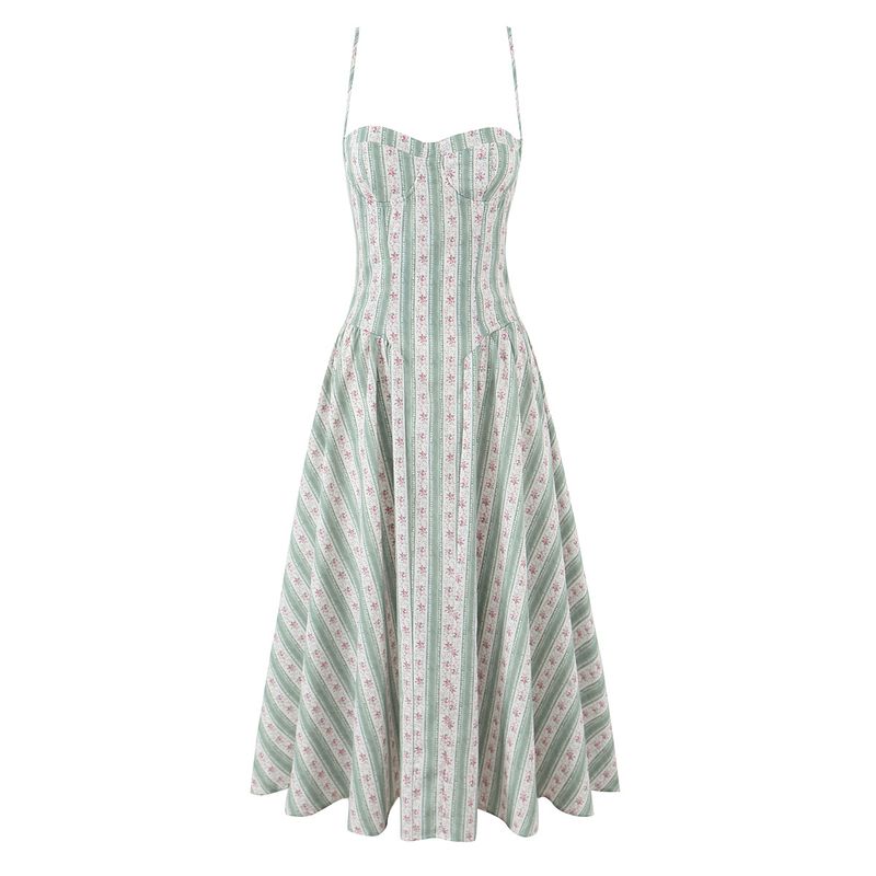 

Qin Pink Beauty House Same Style Tea Break Gentle Romantic Atmosphere Exquisite Stripe Floral Waist Hugging Sling Dress Qin powder beauty L