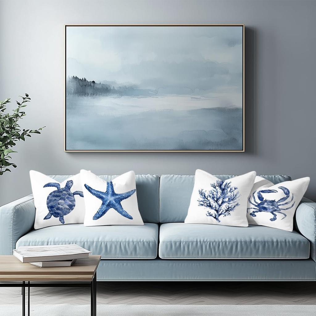 4Pcs Sea Life Coastal Throw Pillow Covers ,Decorative Pillows For Couch Sofa Living Room Bedroom, Starfish Turtle Crab Decor