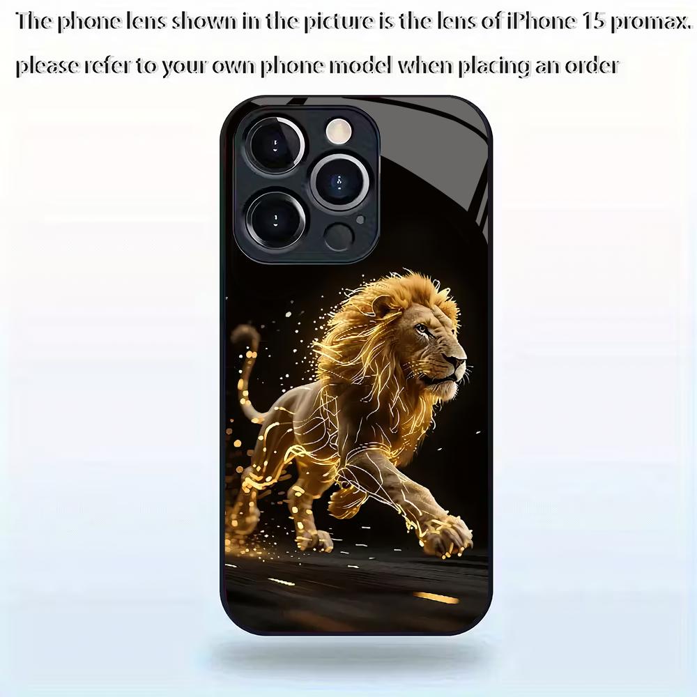 Goldenes Löwenmuster gehärtetes Glas Handyhülle geeignet für iPhone 17 16 15 14 13 12 11 Pro/Max/Plus sturzsichere Rückabdeckung