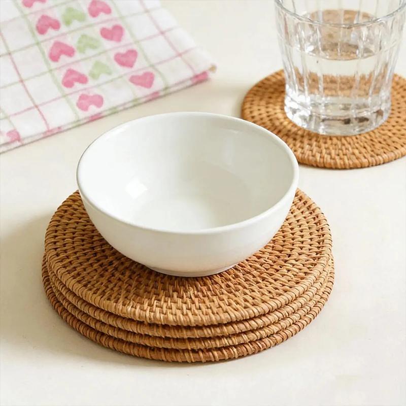Hand Woven Hot Insulation Placemats Table Padding Kitchen Decoration Accessories Cup Mat Round Natural Rattan Hot Pad