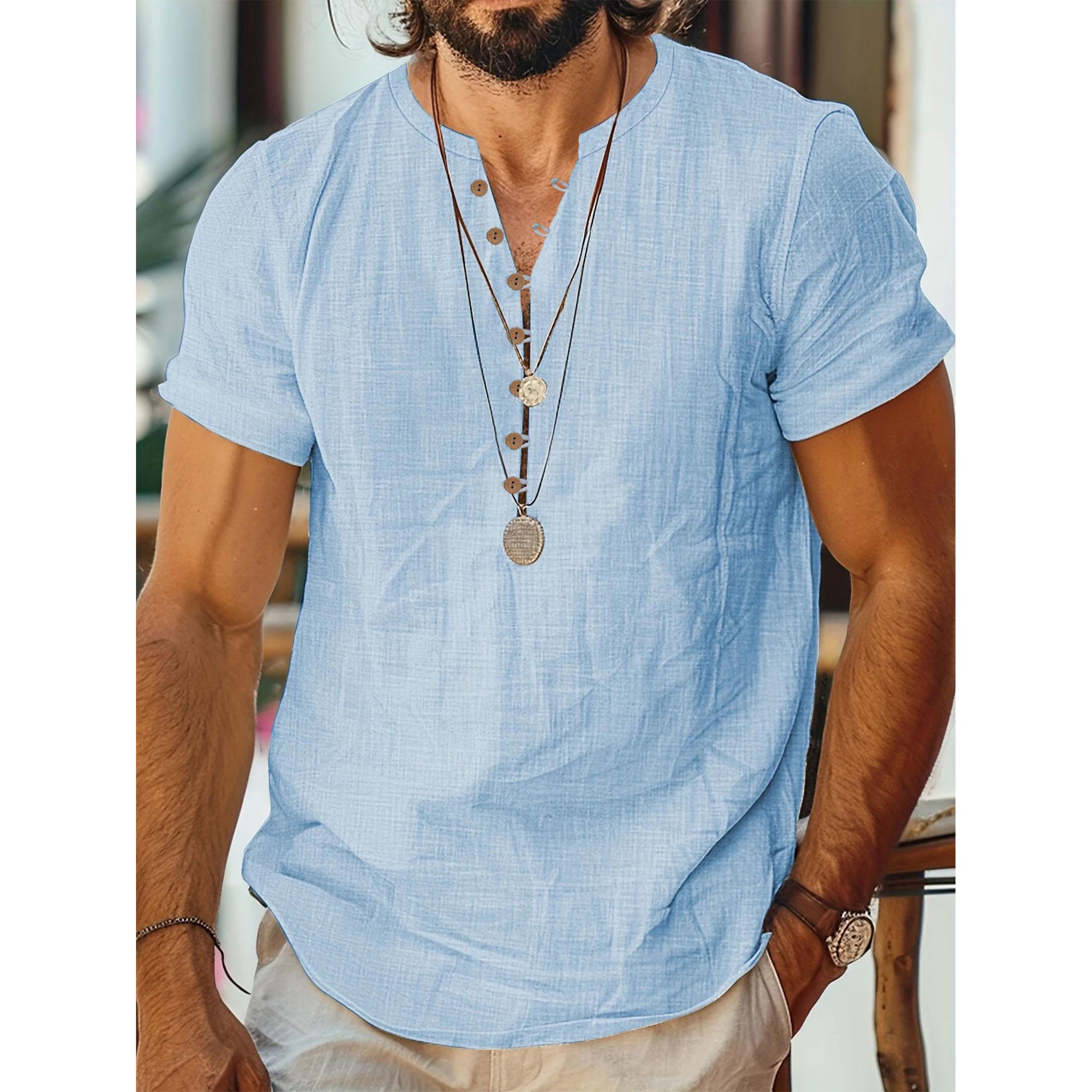 

Новая мужская хлопково-льняная рубашка с коротким рукавом, дизайн на пуговицах, повседневный модный топ для мужчин XXXL небесно-голубой