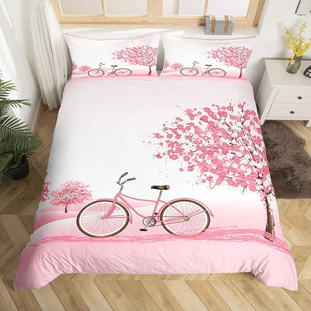 Girls Butterfly Duvet Cover Set Kids Floral Bicycle Bedding Set Fantasy Animals Comforter Cover Flower Bike Spring Bedclothes