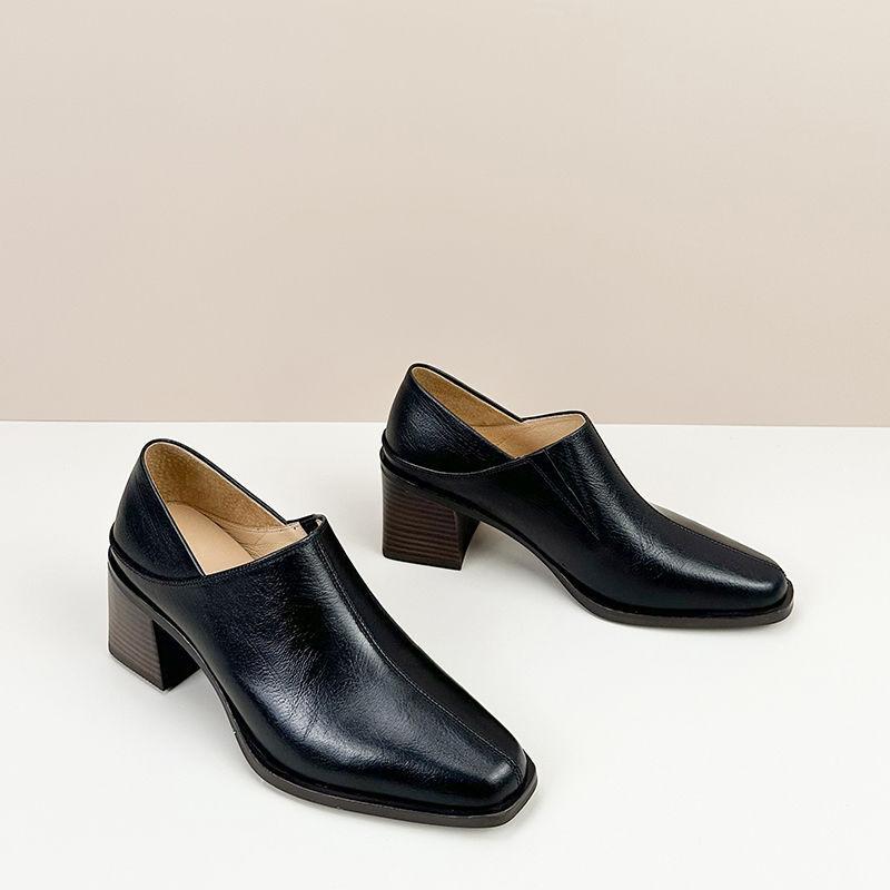 

Brown retro high heels women s spring and autumn versatile new thick heel square head single shoes deep mouth soft leather professional small le 40 чёрный