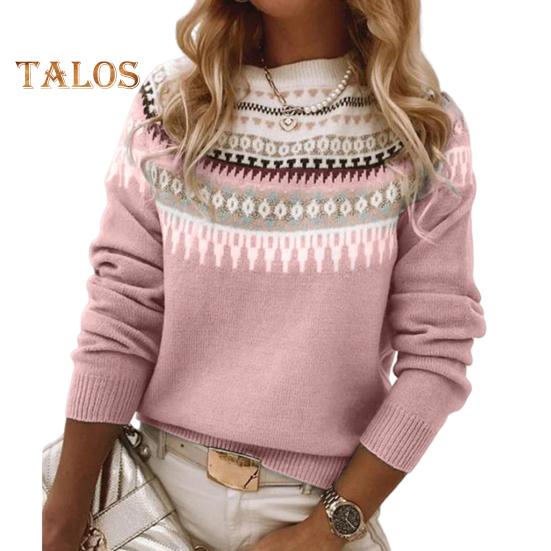 Damen Pullover Rundhals Langarm Häkelstrickpullover Geometrisches Muster Patchwork Farbe Stricktop