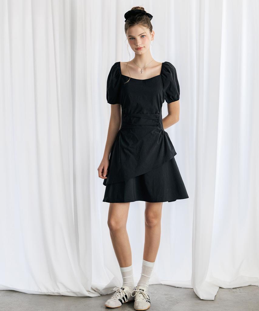 HYFVE Shirred Sleeve Puff Asymmetrical Mini Dress