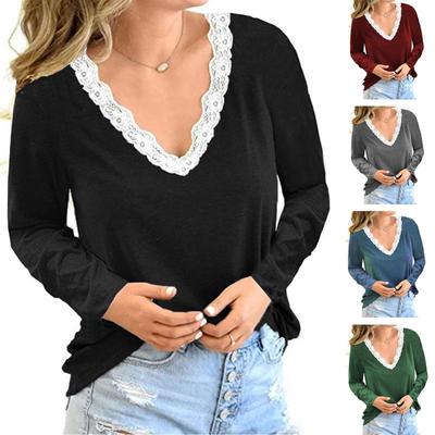 2024 New Autumn and Winter Casual Loose V-neck Stitching Lace Long-sleeved T-shirt Women