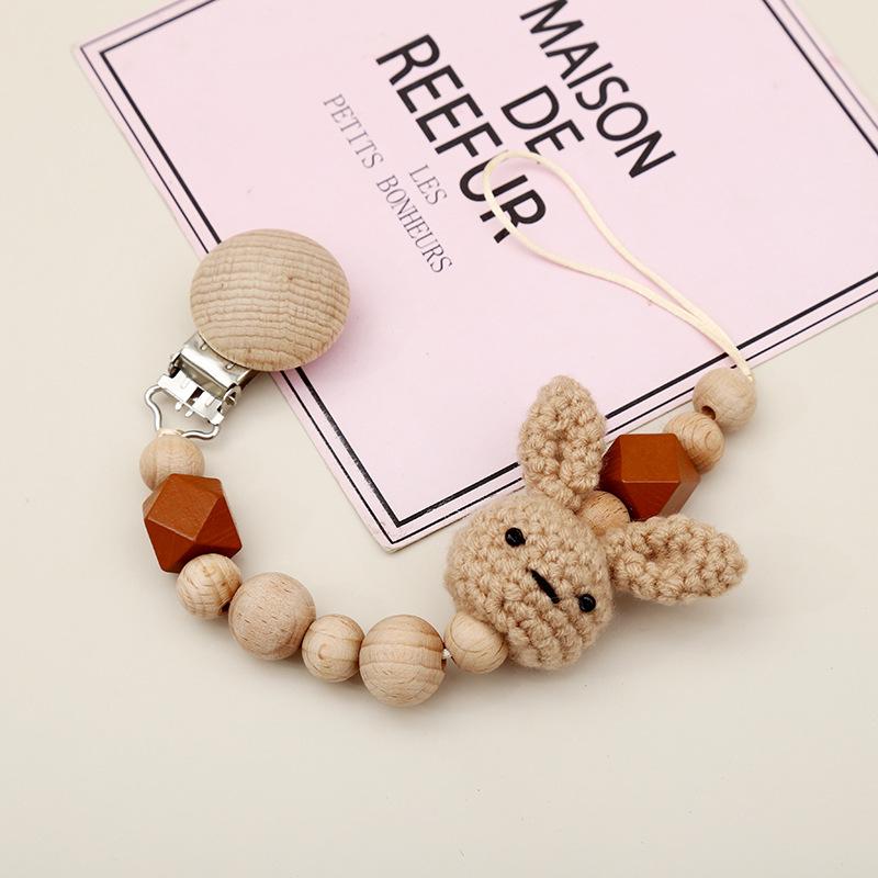 Cute Cartoon Knitted Rabbit Pacifier Clip with Beech Wood Beads