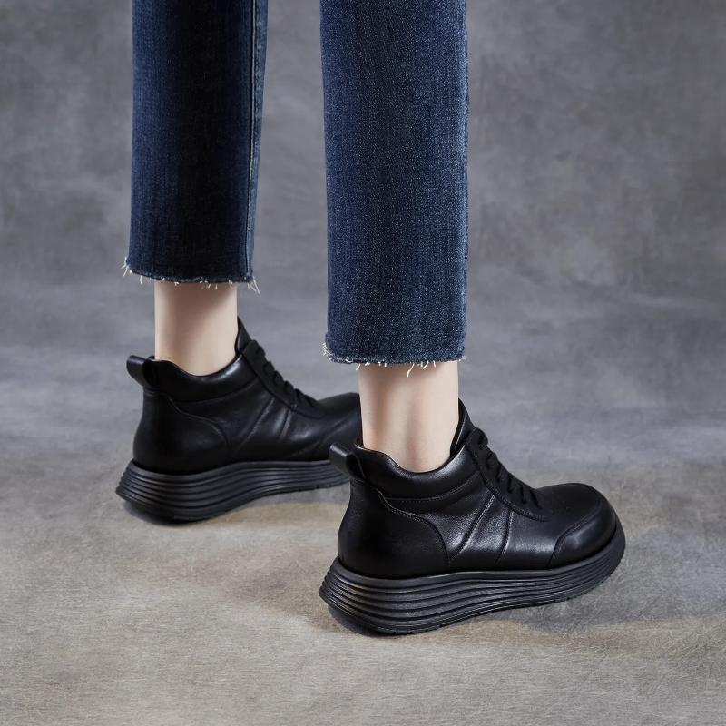 Johnature Lace Up Genuine Leather Short Boots Thick Soled Leisure Soft Soled Wedge Heels Women's Shoes