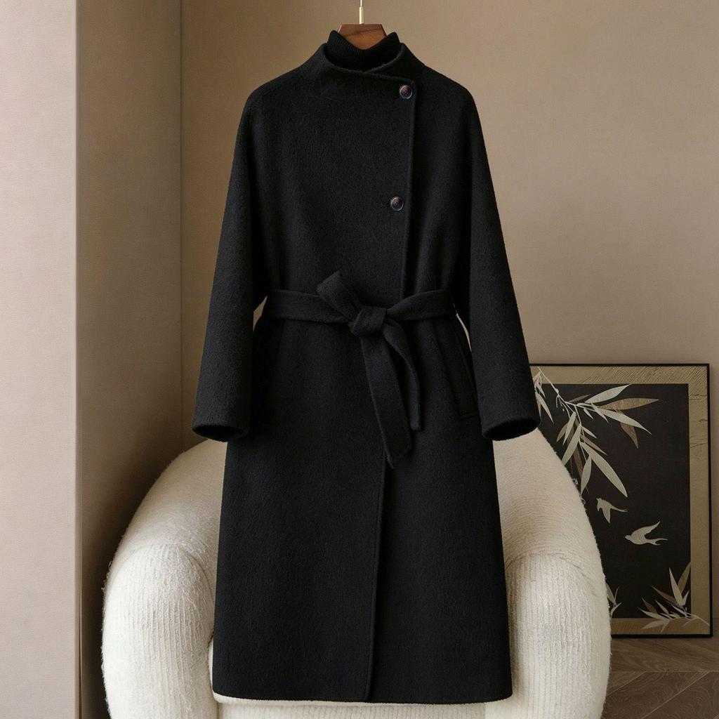 2026 Spring Alpaca Double-Faced Wool Plus Size Women's Long Belted Coat