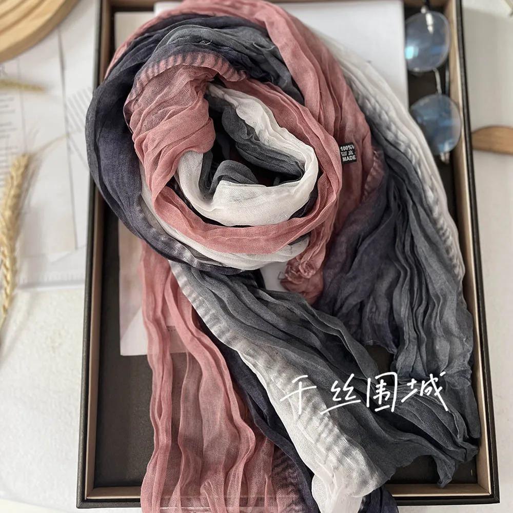 New Scarf Cotton Hemp Hand Feel Gradient Blue Autumn Winter Retro Versatile Printed Women's Long Fold Shawl Soft Fashionable